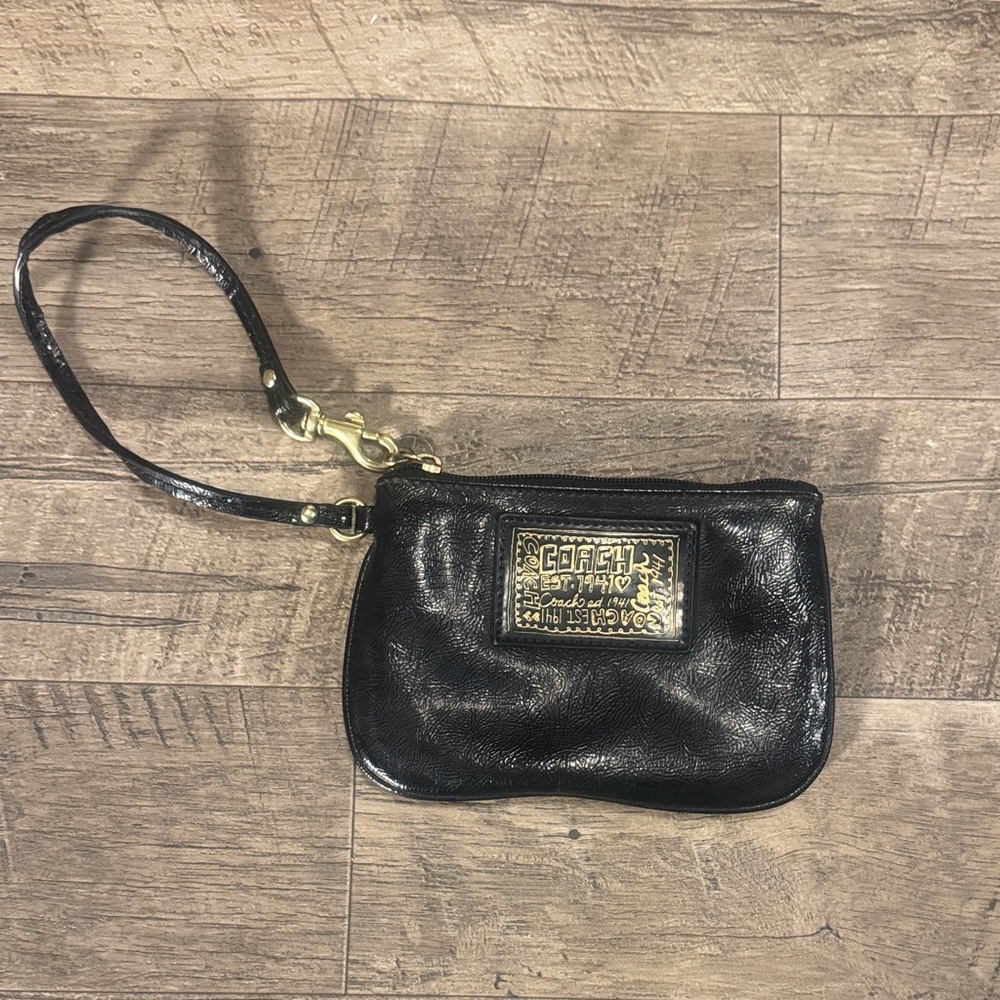 Coach Black Leather Wristlet with Gold Accents
